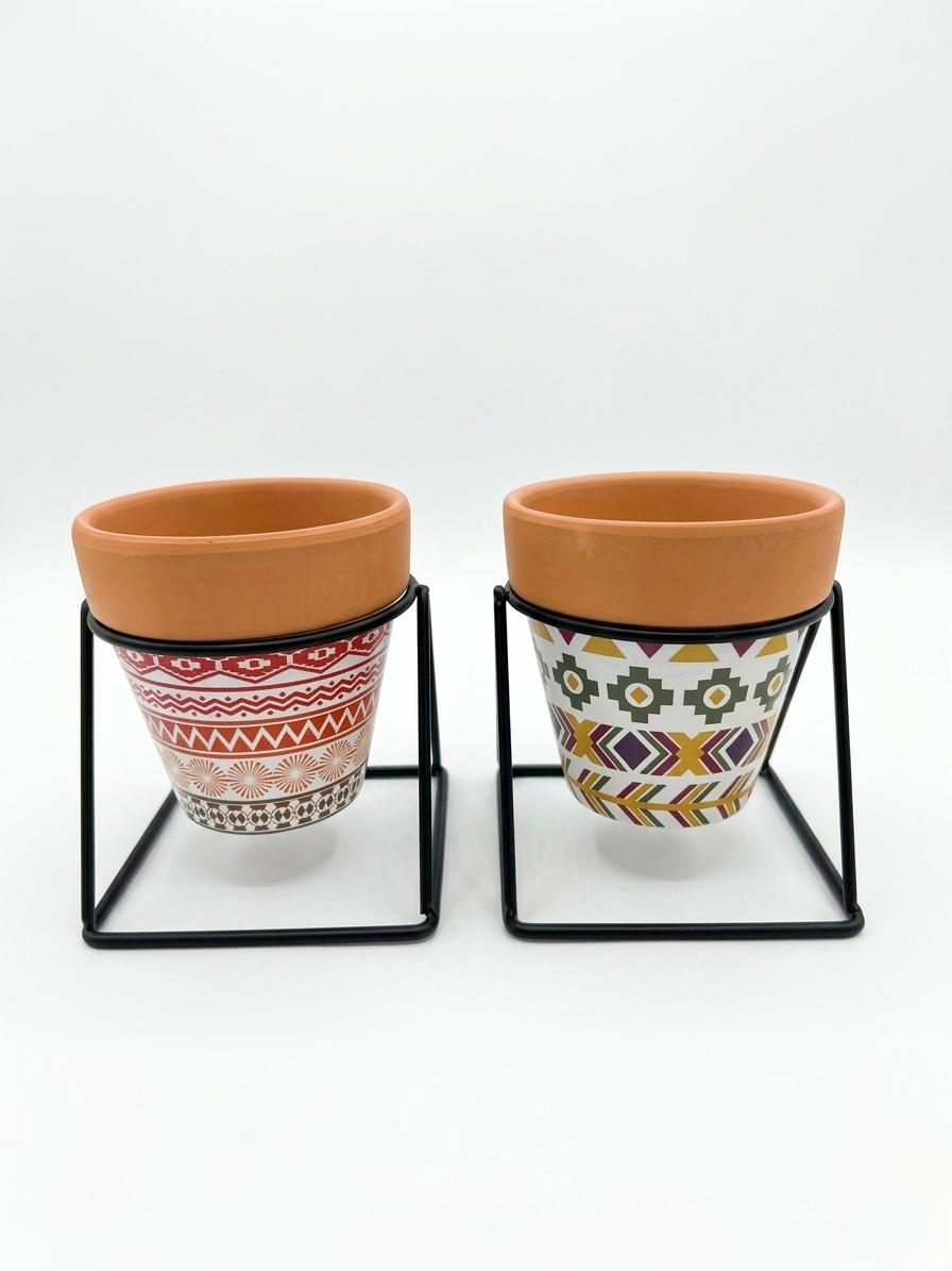 Decorative Plant Pots with Metal Stand (Set of 2) Small