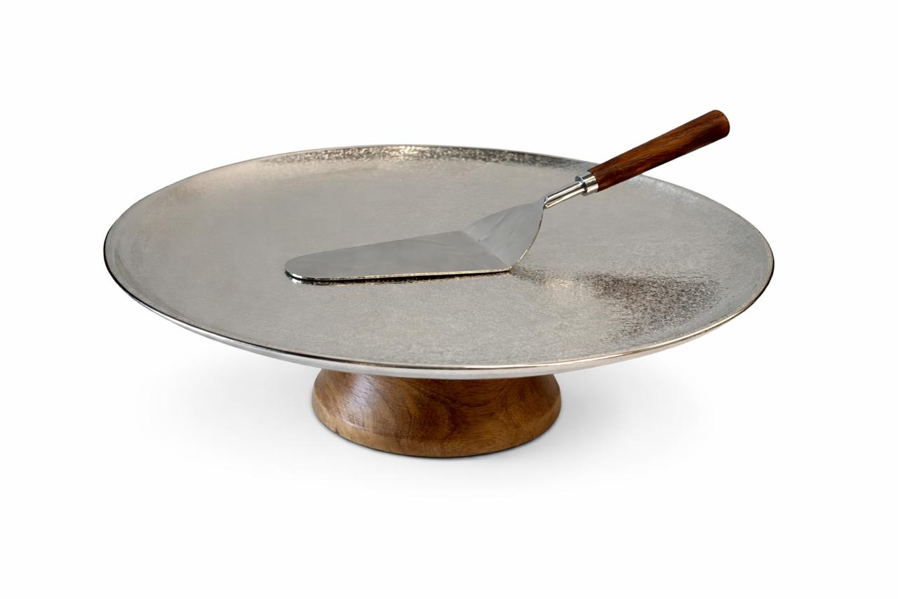 Cake Stand with Wooden Base and Serving Spatula