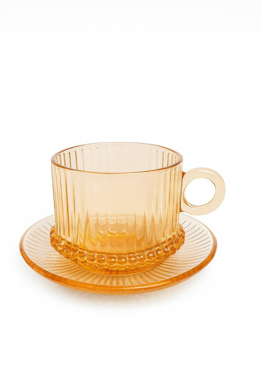 Amber Ribbed Glass Tea Cup Set – 6 Pieces with Saucers