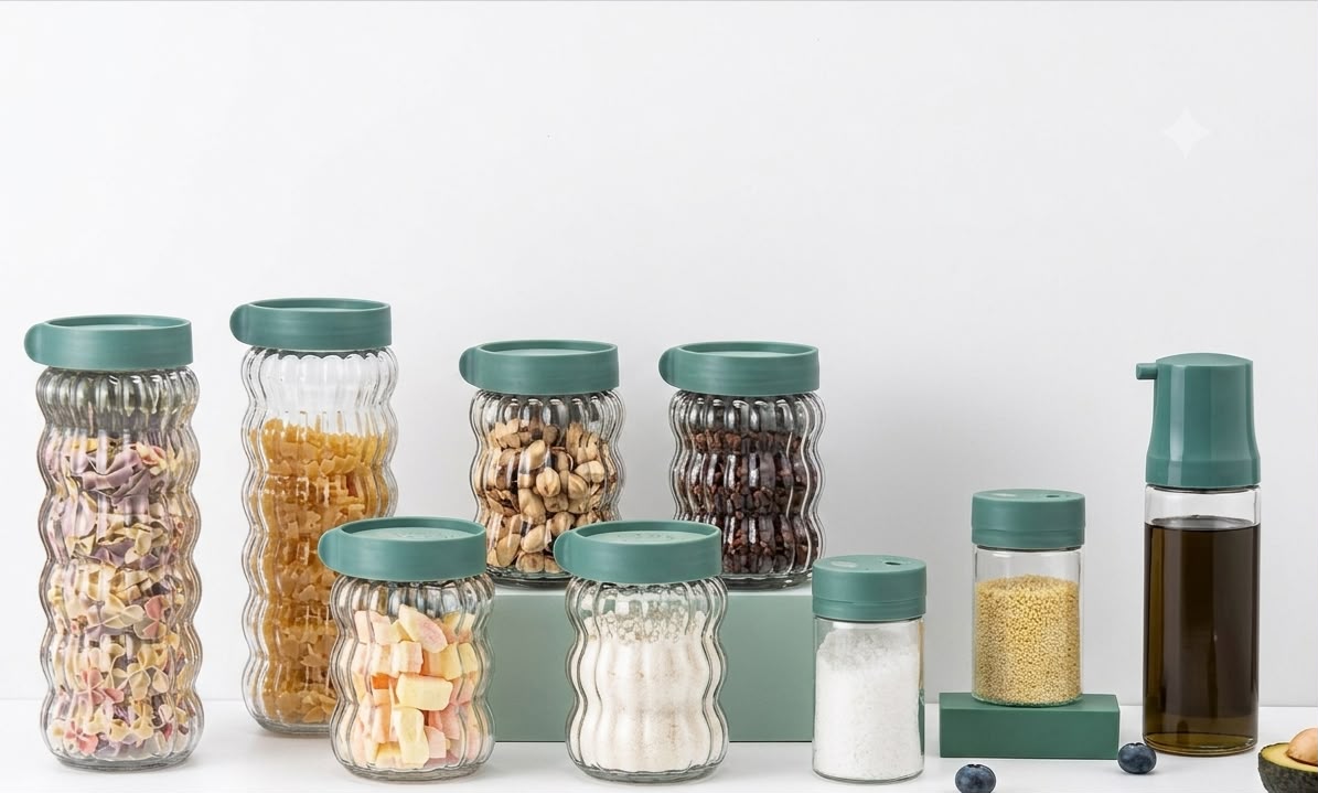 Ribbed Glass Storage Jar Set with Oil Dispenser Set of 9