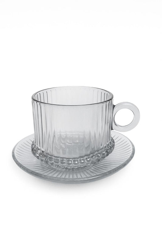 Clear Ribbed Glass Tea Cup Set – 6 Pieces with Saucers