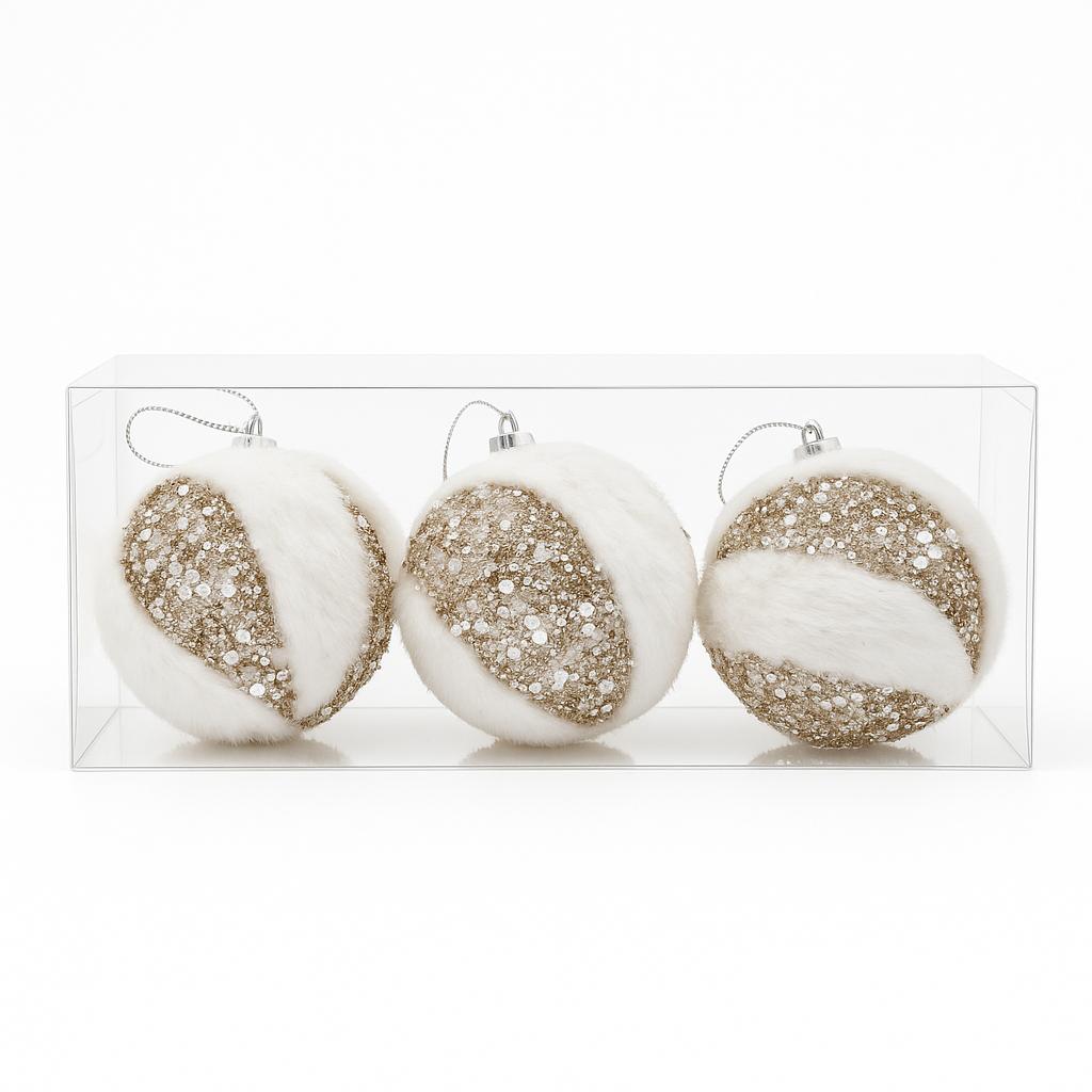 White Velvet & Gold Sequin Ornaments – Set of 3