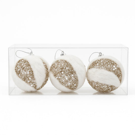 White Velvet & Gold Sequin Ornaments – Set of 3