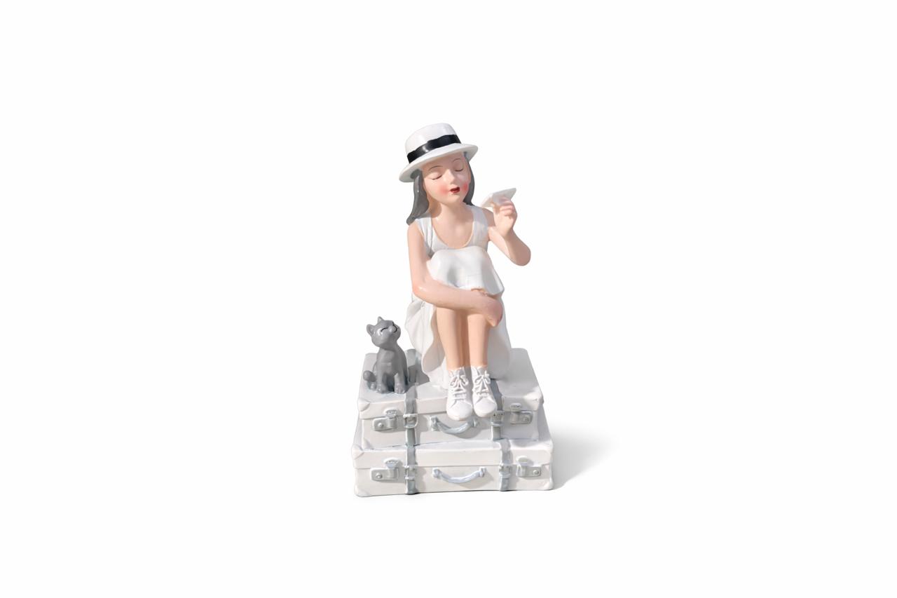 Decorative Girl Figurine with Suitcases and Cat