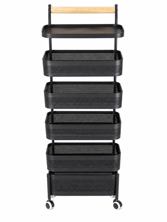 5-Tier Rolling Storage Cart with Metal Baskets (90x30cm)