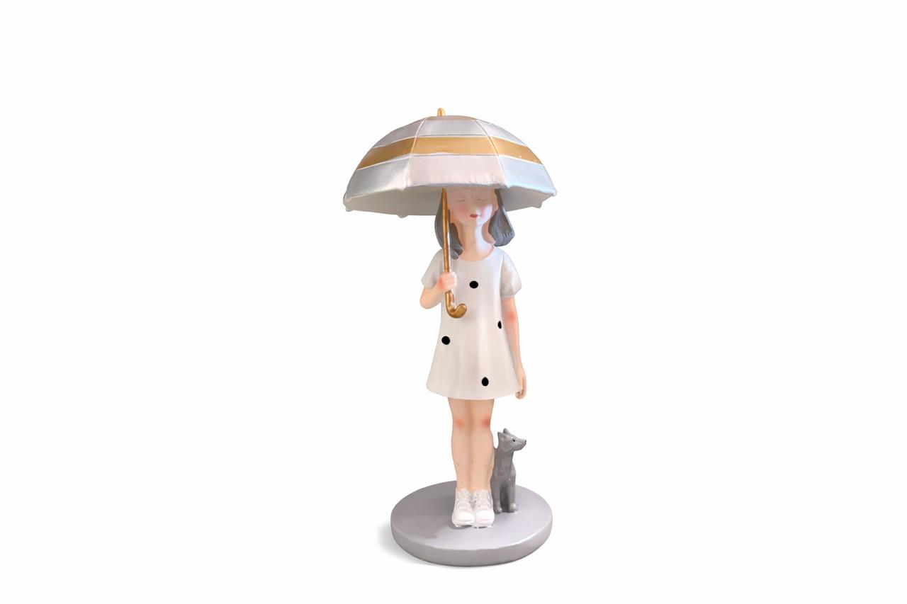 Decorative Girl Figurine with Umbrella and Dog