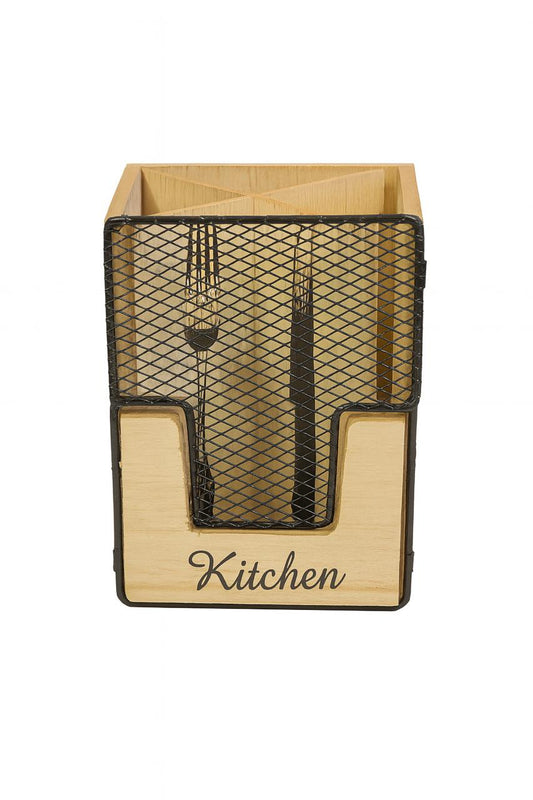 Rustic Wood & Metal Mesh Utensil Holder – Kitchen Organizer