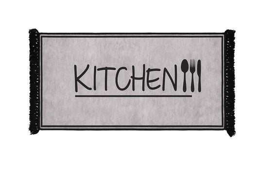 Minimalist Kitchen Mat with Utensil Design – Grey & Black - 120*50