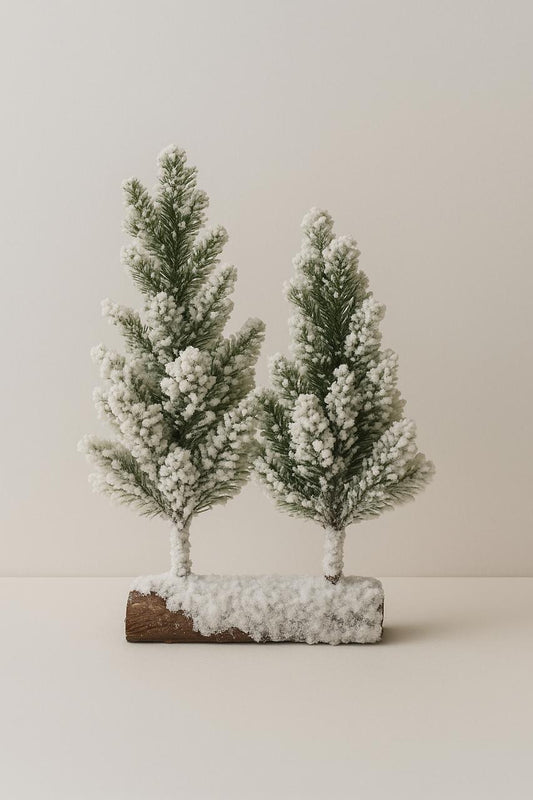 Frosted Pine Tree Duo on Wooden Base