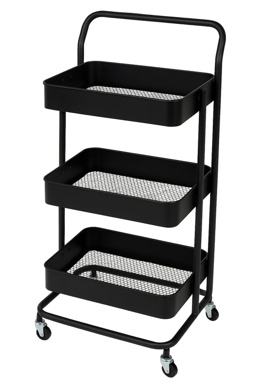 3-Tier Black Metal Utility Cart with Mesh Shelves