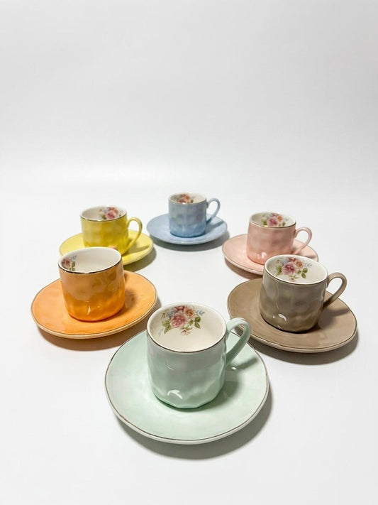 Pastel Floral Espresso Cup & Saucer Set – 6 Pieces