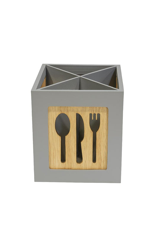Modern Wooden Utensil Holder – Grey with Cutlery Cut-Out