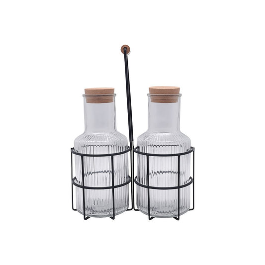 Ribbed Glass Bottle Duo – With Metal Caddy & Cork Lids