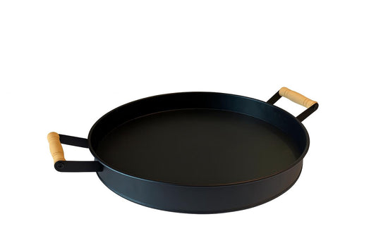 Round Black Serving Tray with Wooden Handles