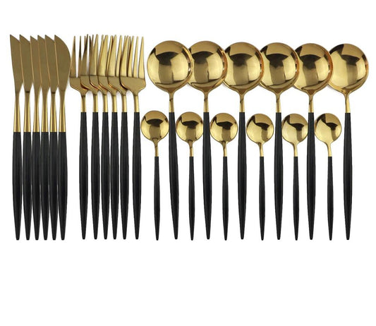 24-Piece Black & Gold Cutlery Set – Luxury Modern Flatware