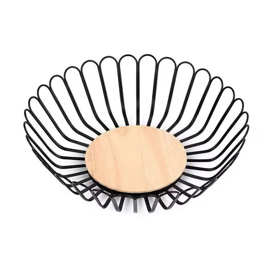 Black Wire Fruit Basket with Wooden Base