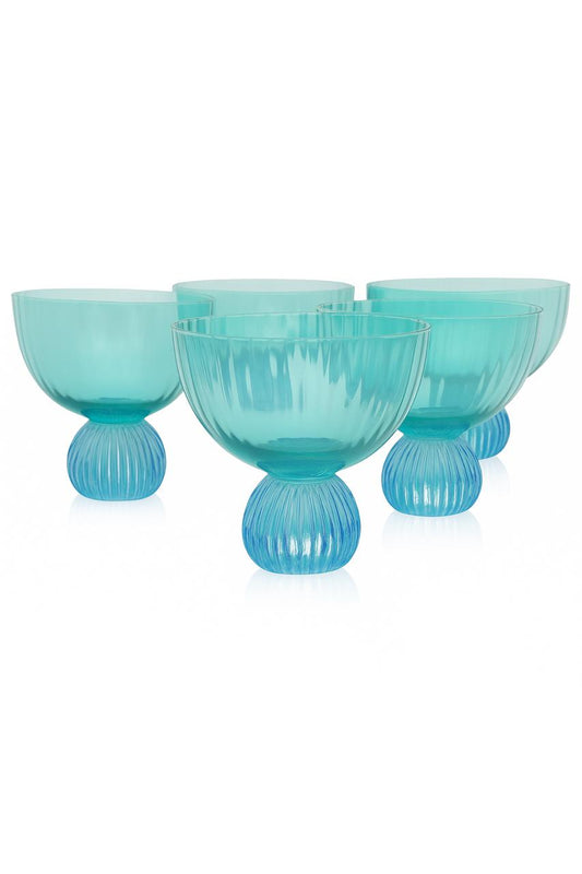 Set of 6 Aqua Blue Ribbed Glass Dessert Bowls