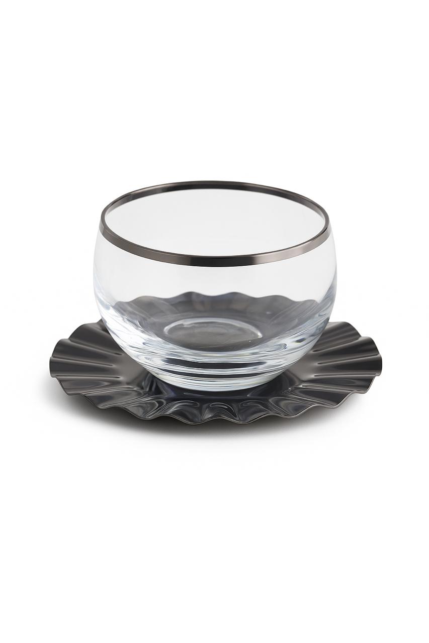 Set of 6 Glass Dessert Bowls with Metallic Rim and Ruffled Plates
