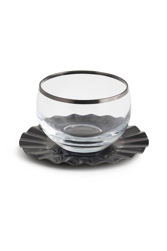 Set of 6 Glass Dessert Bowls with Metallic Rim and Ruffled Plates
