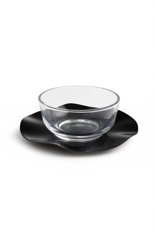 Set of 6 Modern Glass Dessert Bowls with Black Wave Plates