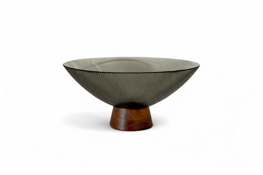 Textured Glass Serving Bowl with Wooden Base