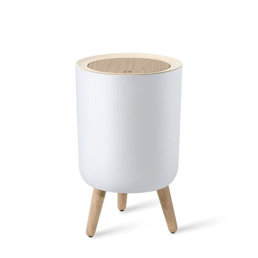 White Minimalist Waste Bin with Wooden Legs