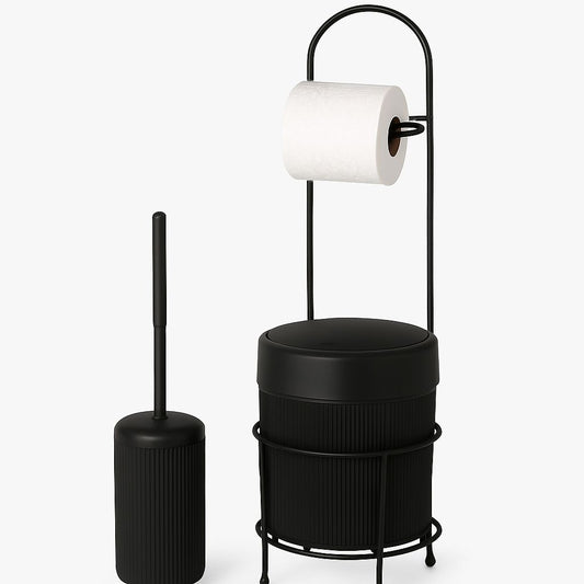 3-in-1 Black Bathroom Set – Toilet Paper Holder, Brush & Bin