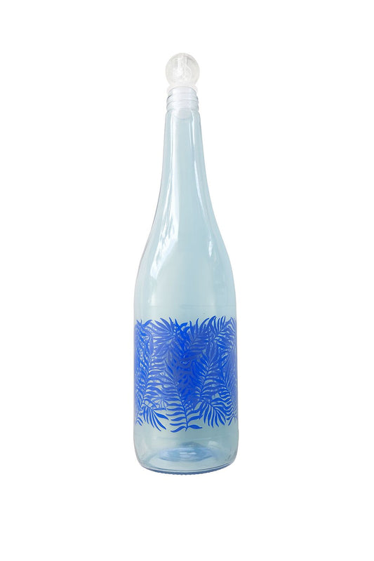 Glass Bottle with Blue Leaf Print