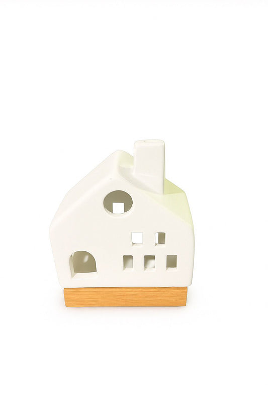 Porcelain House Tealight Holder with Wooden Base