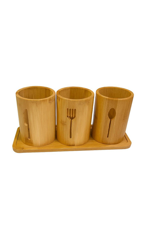 Bamboo 3-Piece Utensil Holder Set with Tray