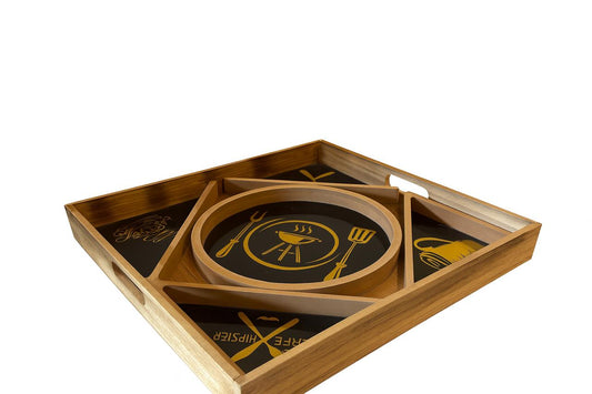 Wooden Serving Tray Set with Printed Inserts – 5 Pieces