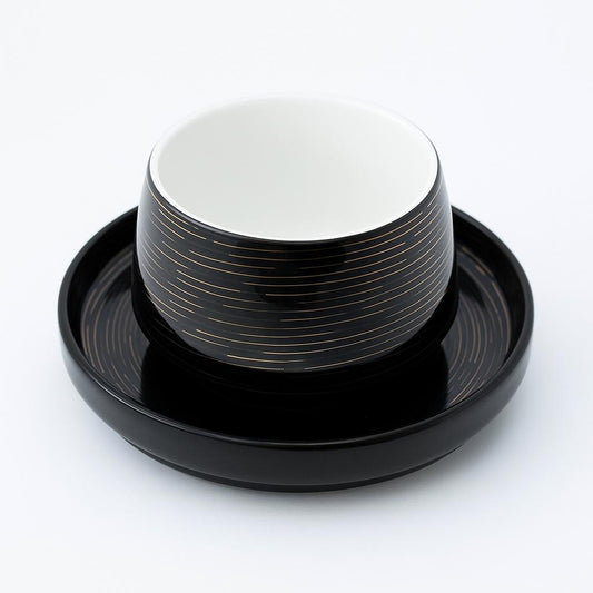 Set of 6 Black Dessert Cups with Gold Accents and Glossy Black Plates