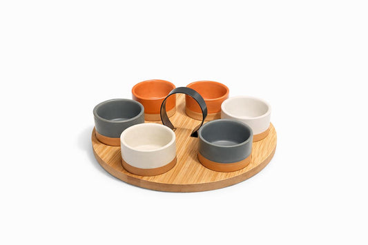 Round Condiment Bowl Set with Handle and Wooden Base
