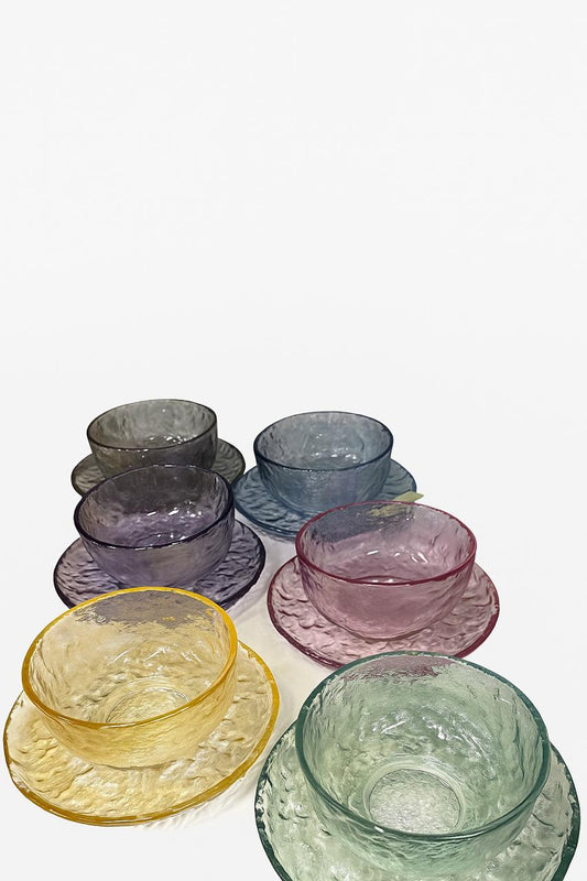 Meghle Dessert Set – 6 Colored Stone-Pattern Cups with Matching Plates