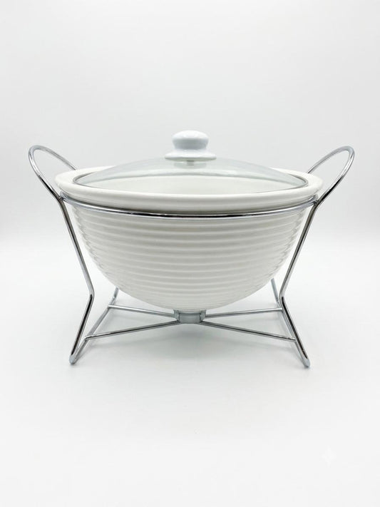 White Ribbed Ceramic Chafing Dish with Glass Lid & Metal Stand