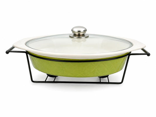 Green Oval Ceramic Chafing Dish with Glass Lid & Black Metal Stand