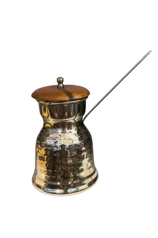 Hammered Brass Coffee Pot with Wooden Lid and Long Handle