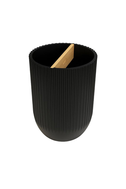 Modern Black Utensil Holder with Bamboo Divider