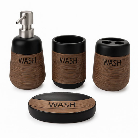 Black & Woodgrain Bathroom Accessory Set – 4 Pieces