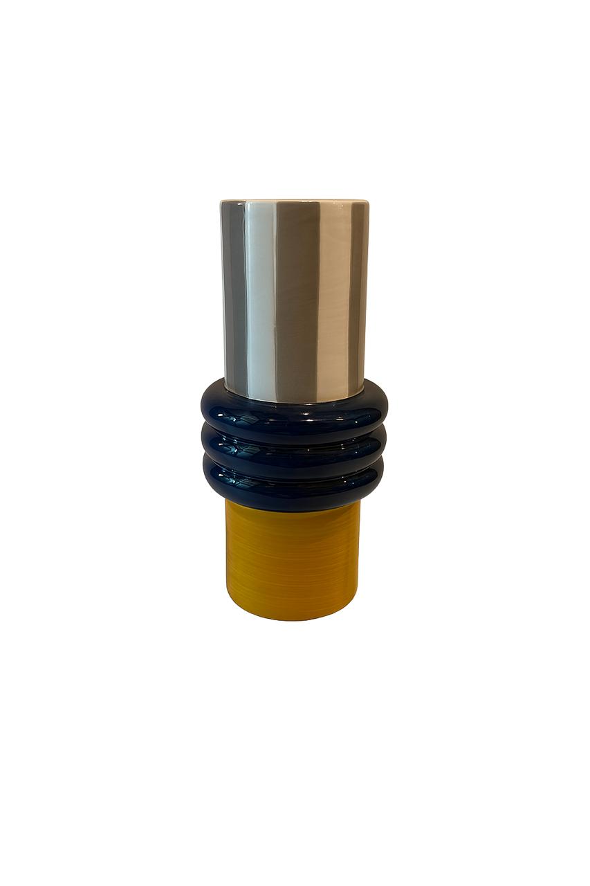 Modern Geometric Vase – Grey, Navy & Yellow