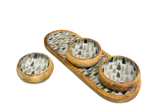 Set of 3 Wooden Bowls with Serving Tray – Forest Pattern