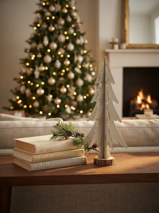 White Wooden Tree with Gold Glitter Edges Figurine