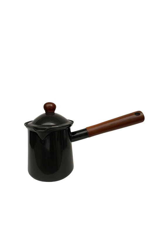 Black Enamel Coffee Pot with Wooden Handle and Lid