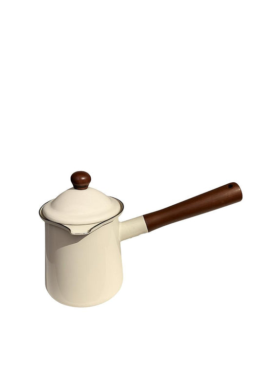 Cream Enamel Coffee Pot with Wooden Handle and Lid Knob