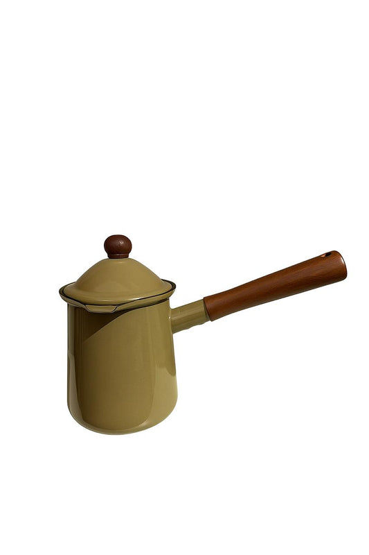 Olive Green Enamel Coffee Pot with Wooden Handle and Lid Knob