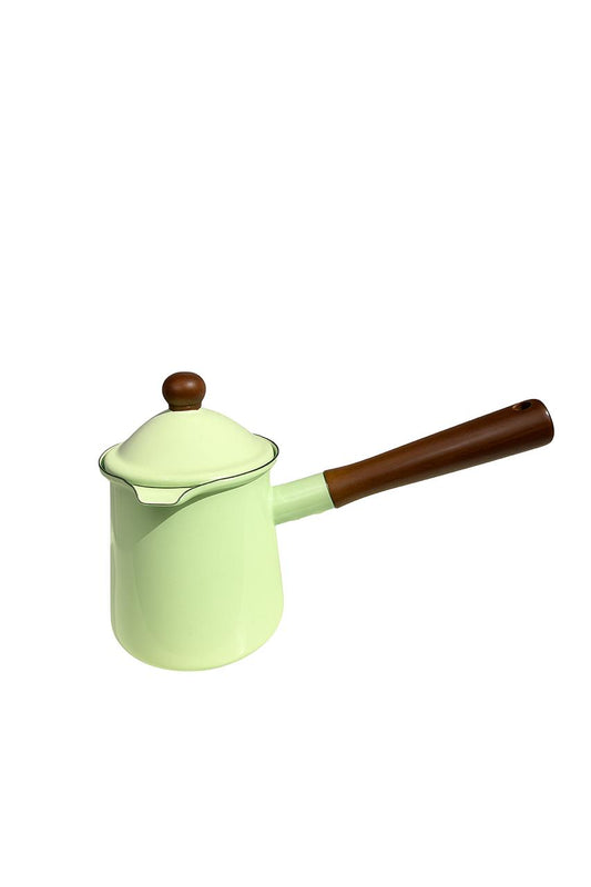 Light Green Enamel Coffee Pot with Wooden Handle and Lid Knob