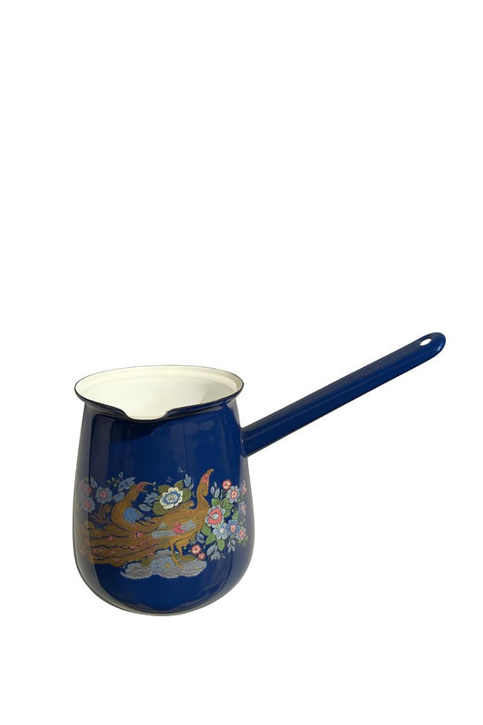 Blue Enamel Coffee Pot with Peacock and Floral Design
