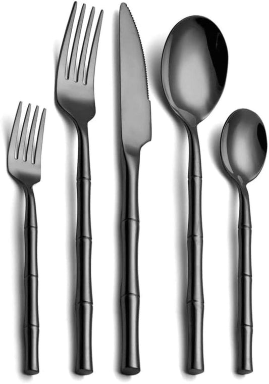30-Piece Black Stainless Steel Bamboo-Style Flatware Set – Modern Exotic Design