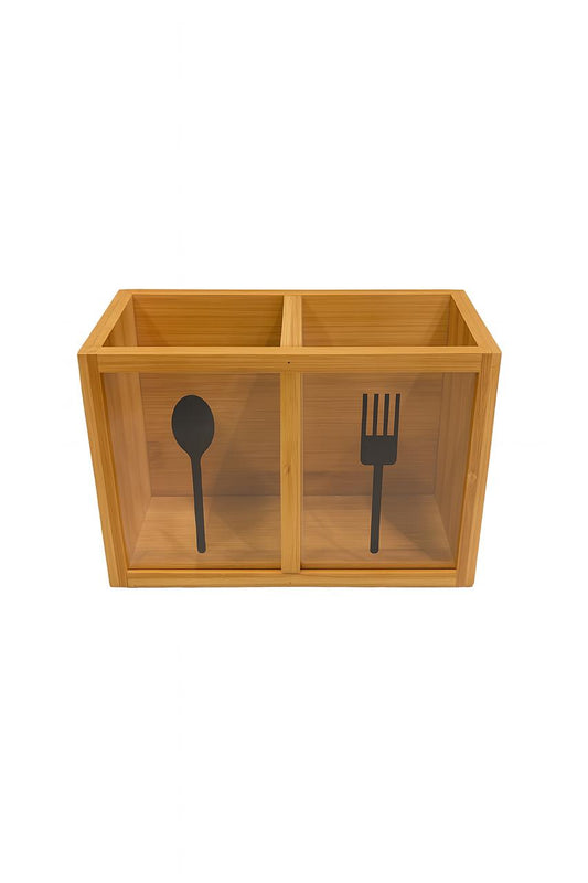Bamboo Double-Compartment Utensil Holder with Spoon & Fork Design