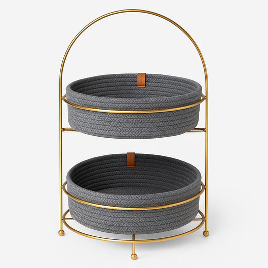 2-Tier Gold Metal Stand with Braided Fabric Baskets – Grey